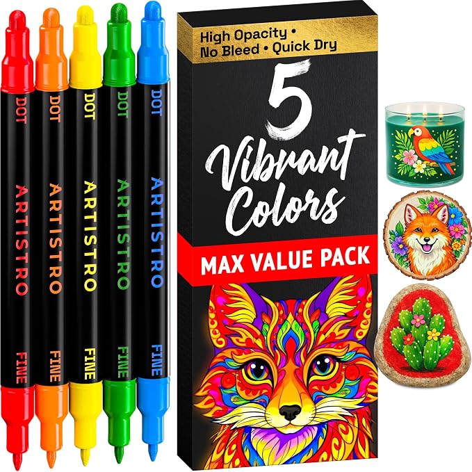 ARTISTRO Dual-Tip Acrylic Paint Marker Pens - Set of 5 | For Fabric, Rock, Glass, Wood, & Coloring Books, Arts & Crafts Gift, Classroom Must Haves & School Supplies (Dot & Fine Tips)