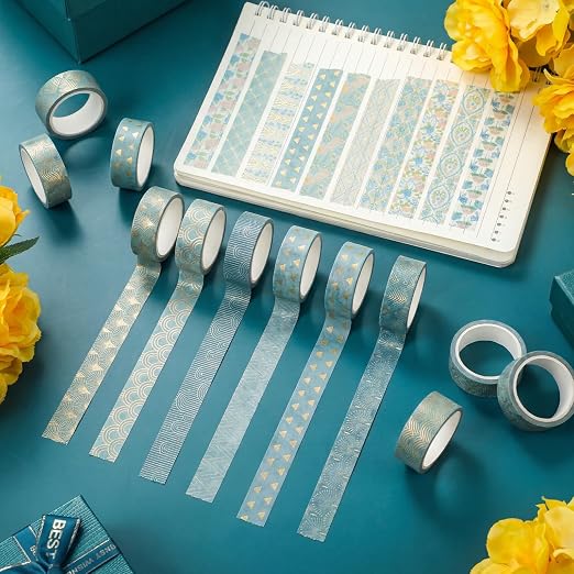 12 Rolls Floral Washi Tape Set,Teal Color,Art Deco | Watercolor Flowers Design for Scrapbook Journal DIY Craft School Supplies, 15 mm Vintage Decorative Masking Washi Tapes
