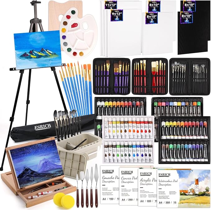 ESRICH 166 Pcs Deluxe Painting Set, Painting Supplies with 96 Paint | Metal and Beech Wood Easel, Oil, Watercolor & Acrylic Paint, Canvas, Paper Pads, 45 Paint Brushes for Adults, Kids, Artists