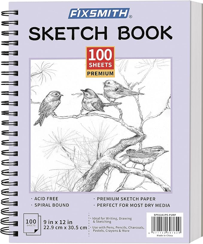 FIXSMITH 9"X12" Sketch Book, 100 Sheets, 68 lb/100gsm Sketchbook, Purple | Acid Free Drawing Paper | Spiral Bound Artist Sketch Pad | for Kids, Beginners, Artists & Professionals | Bright White
