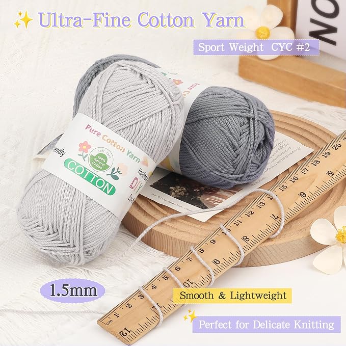 Katech 1OO% Cotton Yarn for Crocheting & Knitting–Baby Cotton Yarn (E) | 12-Color of 137 Yards/1.76 oz Sport Weight CYC #2-Soft & Breathable-Ideal for Dishcloths, Baby Clothes, Potholders & Crafts