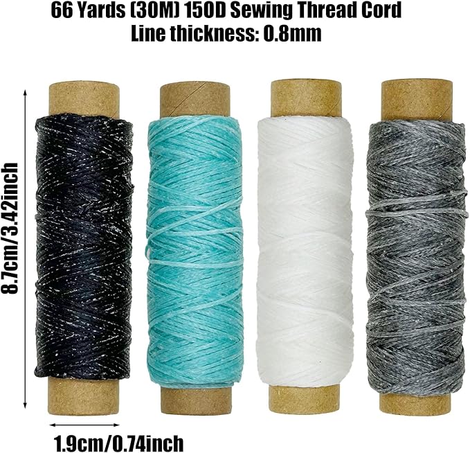 4 PCS Leather Sewing Waxed Thread, Each of 33 Yards 150D Sewing Thread Cord for Leather Craft DIY Supplies, Shoes Repairing, Black, Dark Gray, White, Blue