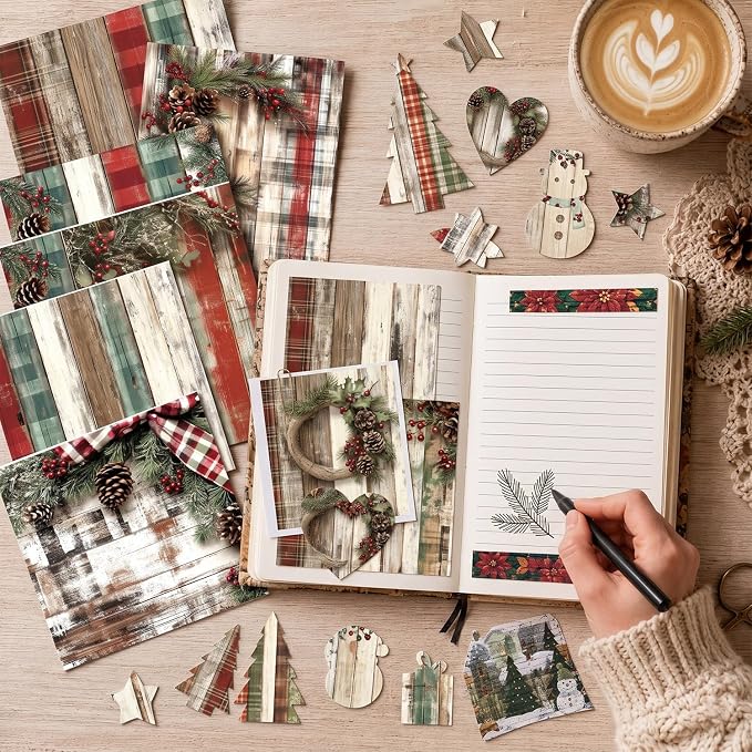Vintage Christmas Scrapbooking Paper Pad, 24 Sheets 6-in Pinecone Aesthetic Patterned Decorative Material for DIY Art Crafts Collage Xmas Journals Decoupage Folded Gift Cards Photo Album