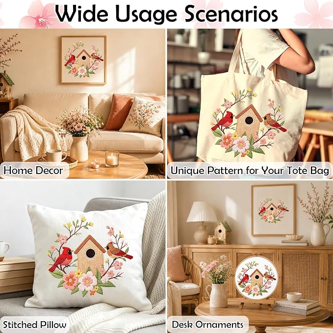 Louise Maelys Cardinal Birdhouse Flowers Embroidery Kit for Beginners | Adults Starter Cross Stitch Kits with Cardinal Pattern, Complete Needlepoint Kit with Hoop, Threads, Needles and Guide