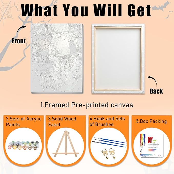 Ausanrl Gothic Framed Paint by Numbers Wooden Easel - Paint by Numbers Kit for Adults, Halloween Adult Paint by Number Kits on Canvas Framed, Gifts and Home Wall Decor 12x16inch