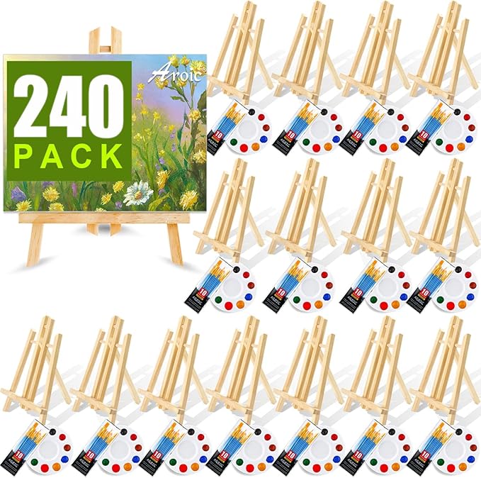240 PCS Professional Painting Set with 20 Wood Easels, 20 Packs 200 Brushes | with Nylon Brush Head and 20 PCS Palettes, Painting Supplies kit for Kids & Adults to Painting Party