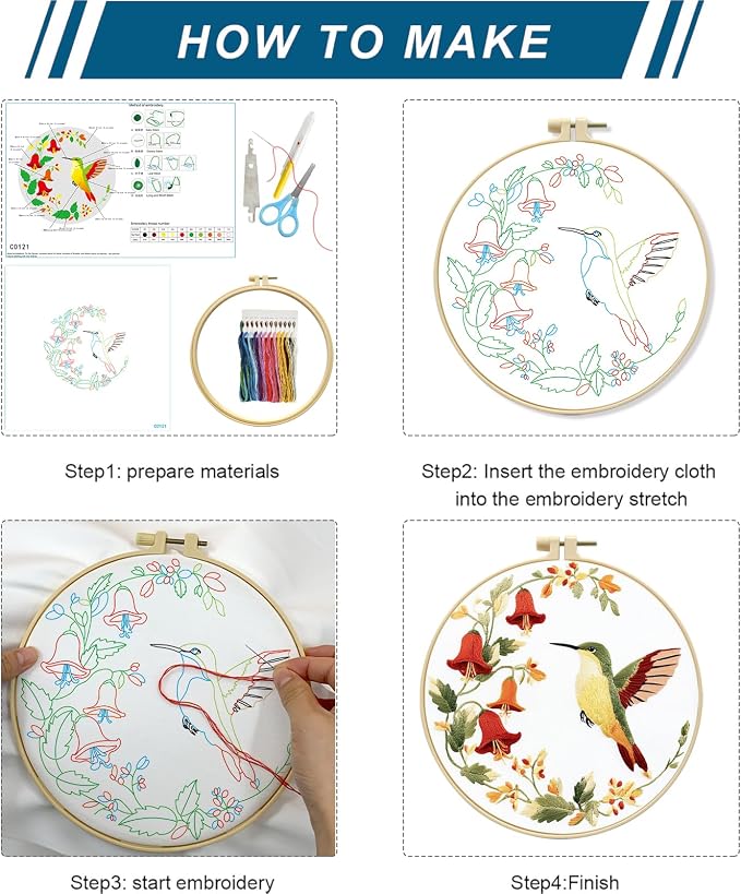 Zhenqing 3-Piece Hummingbird Embroidery Kit for Beginners, Floral Bird Needlework Set with Pre-Printed Cotton Fabric, Hoop, Threads & Tools, Nature Garden Wall Decor (C0168)