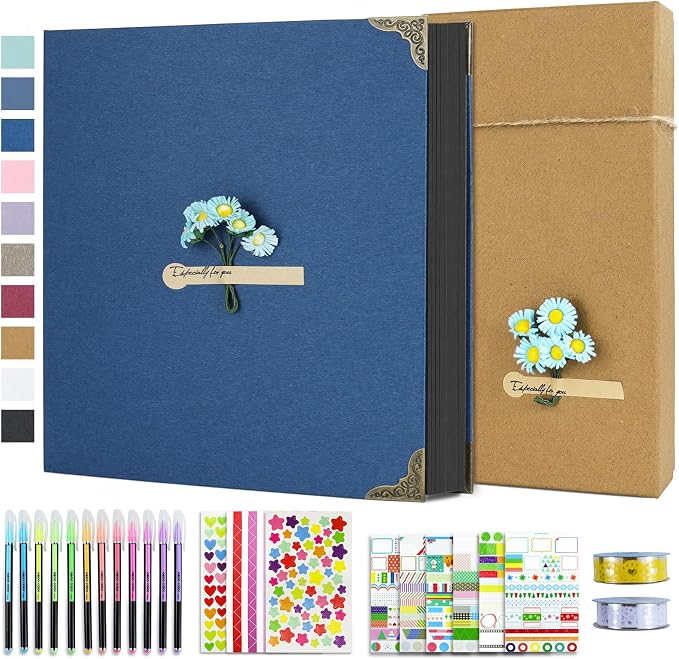Vienrose DIY Scrapbook Photo Album Kit,12x12 Inch,60 Pages,Blue | 30 Sheets,Hardcover,3-Ring Removable Black Paper,Pens,Tapes,Stickers,Gift for Lover Friends Kids Wedding Valentine's