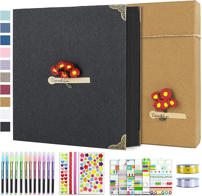 Vienrose DIY Scrapbook Photo Album Kit with Stickers, Pens, Tapes, 60 Pages Hardcover Memory Book, 12x12 Inch 3 Ring Binder with Black Pages, Guest Book Gift for Wedding, Travel & Anniversary Black | Handmade book, personalised photos DIY albums, suita...
