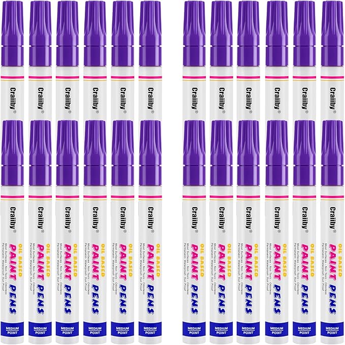 Purple Paint Markers, 24 Pack Oil-Based Waterproof Quick Dry Permanent Paint Pen Set for Rocks Painting, Wood, Fabric, Plastic, Canvas, Glass, Mugs, Metal, Tire, Stone, DIY Craft