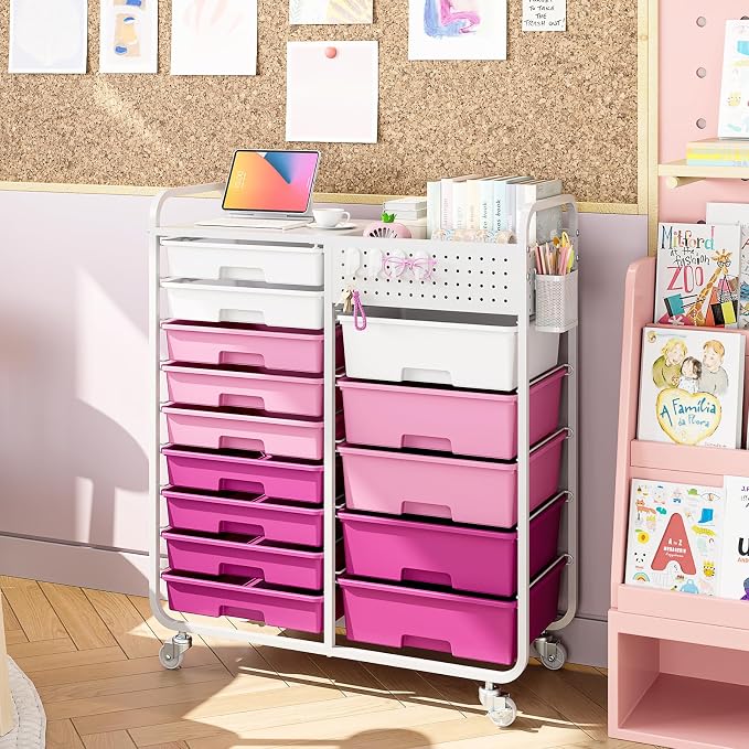 14 Drawer Rolling Storage Cart with Tabletop and Pegboard for Crafts Pink | Easy Setup, Large Capacity, Sturdy Build, Smooth Mobility, For classroom, office and dorm supplies