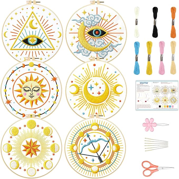 BEUNITONE 6Set Tarot Embroidery Kit for Beginners with Dreamy Pre-print Patterns, DIY Craft Kits for Adults Women with Embroidery Hoops and Full Kits, Needlepoint Kits for Home Decor and Gifts 20x20cm