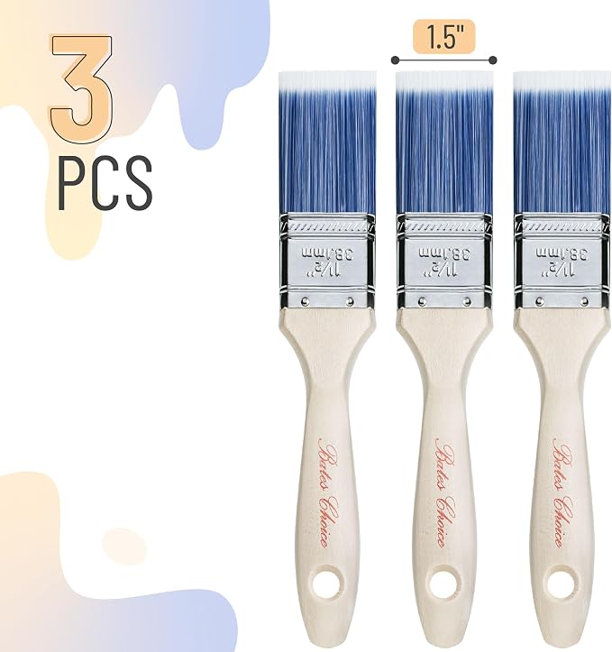 Bates Paint Brushes - 1.5-Inch, 3 Pack, Treated Wood Handle for Walls, Stain, Furniture Painting