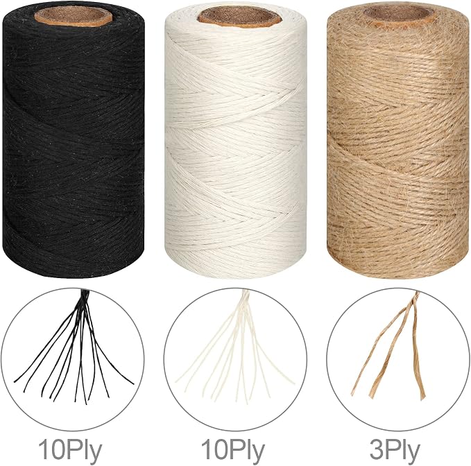 984 Ft Twine String, Natural Jute Twine, 2mm White Cotton Rope, 10ply Black Cotton for Crafts, Art, Gardening Plants, Gift Wrapping, Decoration, Packing String Bulk(3 Rolls) (Pack of 2)