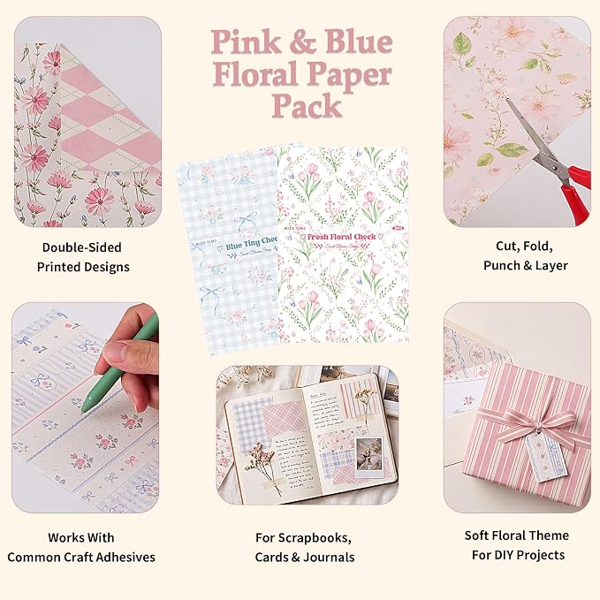 Scrapbook Paper Pink Blue Double Sided Floral Decorative Paper Pack for Card Making Junk Journals Wedding Invitations Photo Albums Decoupage Origami DIY Paper Crafts