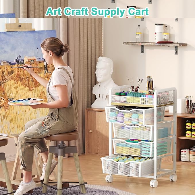 Hongtamoya Rolling Cart with 4 Drawers, Storage Cart with Dividers, White | Multifunctional Utility Cart, Storage Organizer with Lockable Wheels, Craft Art Trolley for Kitchen Office Classroom Bedroom
