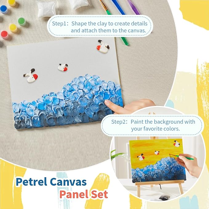 DIY Canvas Painting Kit with Clay, 3 Blank 8x10 Inch Canvas Panels, 5 Packs of Clay, 8 Vibrant Acrylic Paint Colors, and 3 Brushes, Creative Art Kit for DIY Projects & Crafting Fun