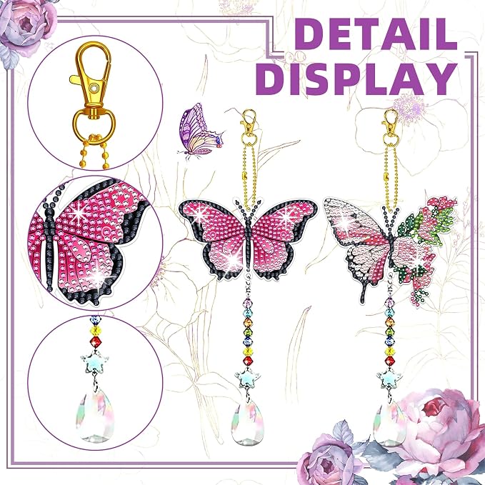 6 Pcs Diamond Painting Butterfly Wind Chimes Kits 5D DIY Crystal Diamonds Painting Suncatcher Christmas Ornament Double Sided Diamond Art Keychains Pendant Best Gifts for Mom
