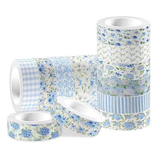 Hydrangea Washi Tape 12 Rolls Blue Hydrangea Tape Masking Decorative Blue Flower Washi Tape for DIY Craft Gift Wrapping Handbook Sticker Scrapbook Journaling Party Favor