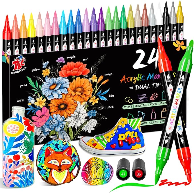 TBC The Best Crafts Acrylic Paint Markers, 24 Colors Dual Tip Pen | Waterproof, Non-Toxic for Rock Painting, Wood, Glass, Ceramic, Fabric – Art Supplies for Artists & Hobbyists