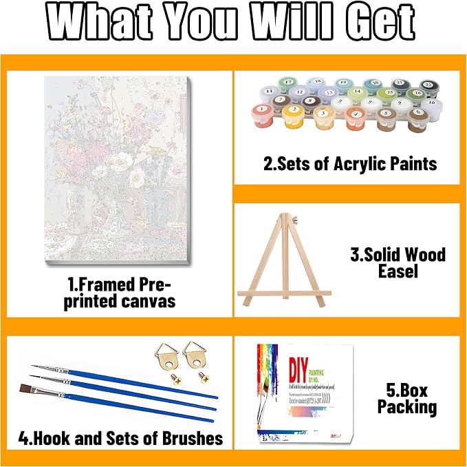 Ausanrl Flowers Framed Paint by Numbers Wooden Easel-Adult Paint by Number Kits on Canvas Framed,Paint by Number Adult,Paint by Numbers with Frame,Gifts and Home Wall Decor 12x16inch
