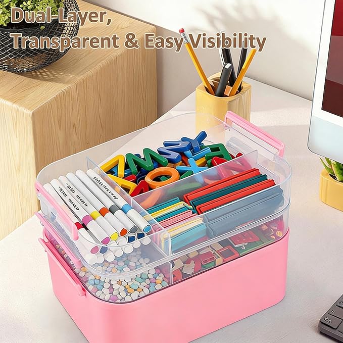 Gifhomfix 3-Layer Plastic Craft Organizers and Storage Box with Removable Trays, Storage Containers with lids and Handle, Art Supply Storage Organizer for Bead, Ornament, Nail Polish, Tape（Pink）