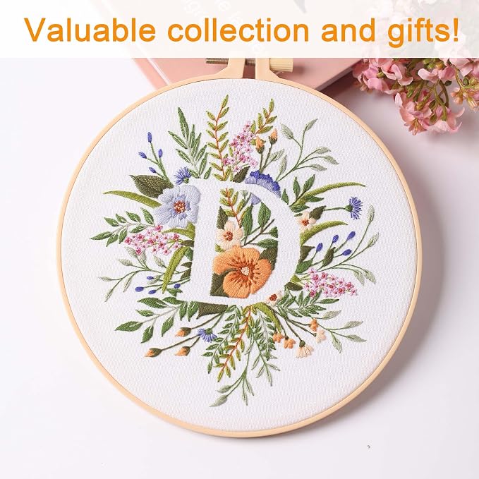 Harimau Letter D Pattern Embroidery Kit for Adult Beginners, Complete Starter Pack with 1 Hoop, Needles, Instruction Guide & Embroidery Stitch Video Tutorials