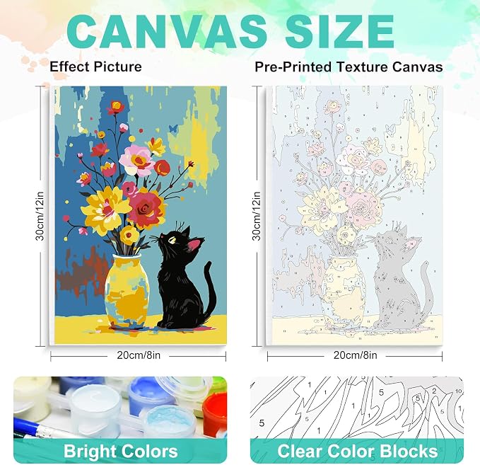 Framed Paint by Numbers Kit for Adults, Black Cat & Flowers, 8 x 12 Inch | DIY Adult Paint by Number Kit for Beginners, Floral Wall Decor, Stress Relief Craft Gift, Creative Hobby
