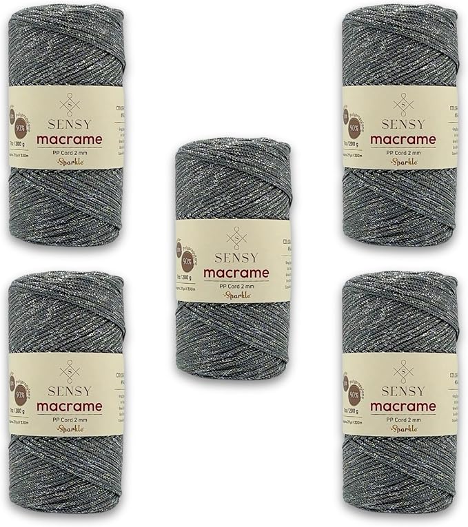 S Sensy 2mm Sparkle-Premium Polypropylene Macrame Cord 5 Pack Gray Sparkle