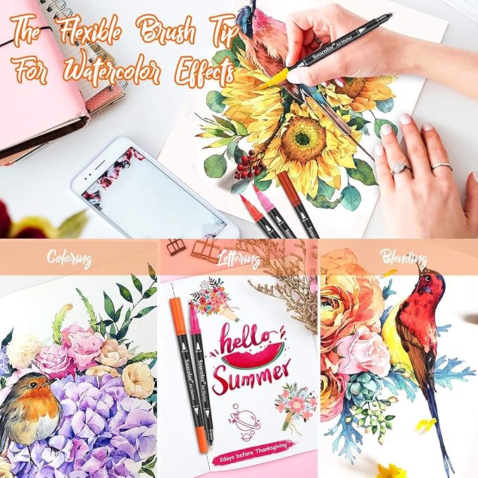 Soucolor 24 Dual Tip Brush Markers,Water-Based Art Pens,for Coloring Books | 24 Vibrant Water-Based Colors,Brush + Fine Tip,Color-Coded,Plastic Case,Lettering,Coloring Books,Kids &Adults.