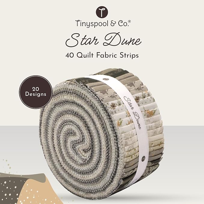 Tinyspool & Co.'s Twirlie Roll 40 Precut Quilting Fabric Strips for Quilting Supplies, Crafting, and Sewing, Soft Cotton Strip for Blanket, Rug, Upholstery, Home Decor, and Purse Making, Star Dune