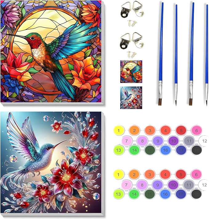 VIGEGU 2 Pack Hummingbird Paint by Numbers Kit for Adults with Framed, Flower Paint by Number DIY Adult Paint by Number Kits for Wall Decor 10x10in