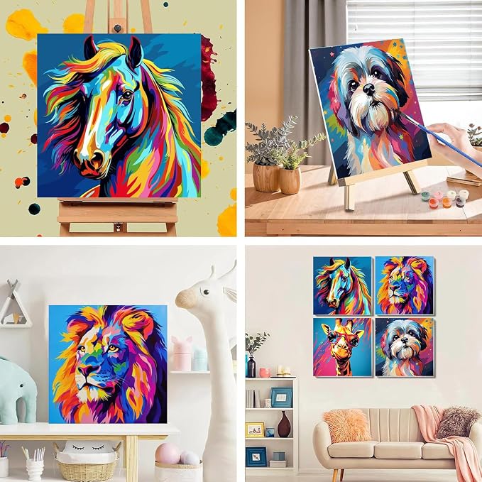 cviokrdu 4 Pack Paint by Numbers Kit for Kids with Frame - Wooden Easel, Animal Paint by Numbers for Kids Ages 4 8 12, Easy Animals Acrylic Oil Painting Kits for Home Wall Decoration 8x8 inch