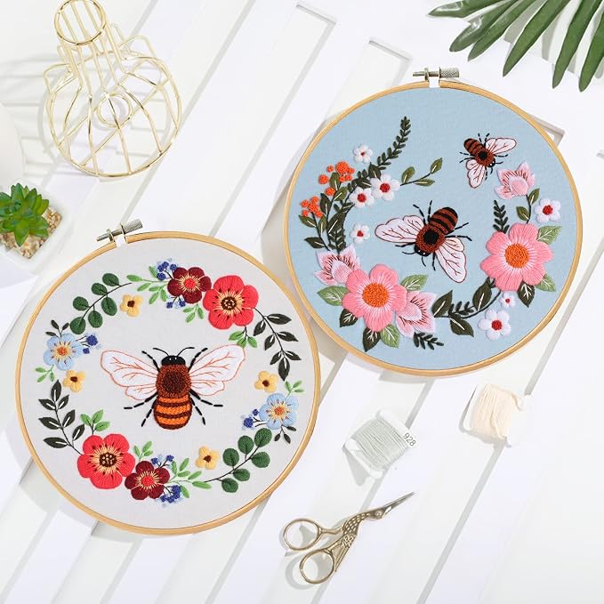 Santune 3 Pack Bee Embroidery Kit for Beginners Adult Cross Stitch Kits Hand Embroidery with Animal Patterns and Instructions,DIY Sets for Women with Hoop,Threads and Needles