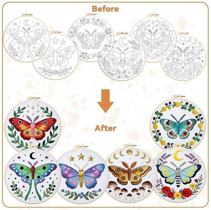 BEUNITONE 6 Set Moth Embroidery Kit for Adults Beginners, DIY Needlepoint Craft Kits with Instructions and Hoops, Complete Starter Set for Adults, Handmade Embroidery for Gifts and Home Decor 20x20cm