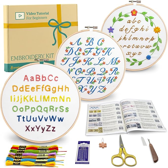 Bradove Alphabet Embroidery Kit for Beginners with Patterns | Letters Practice Beginners Embroidery Kit for Adults and Kids, Hand Embroidery, Learn to Embroider Kit Adult Beginner