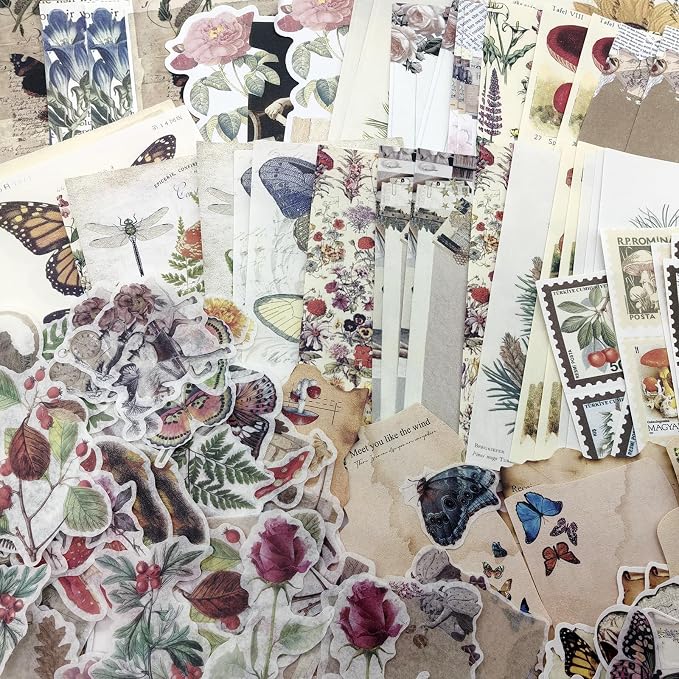 Retro Scrapbook Supplies Kit, 200 Mixed Natural Color Paper and Stickers