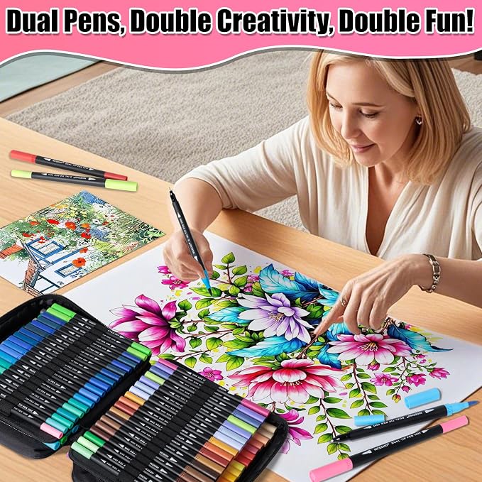 Art Supplier Dual Brush Markers Pens, 110 Artist Coloring Marker Set | Fineliner & Brush Tip Pen with Premium Case, Double Tip Pens for Adults Coloring Books & Journal, Drawing, Doodling