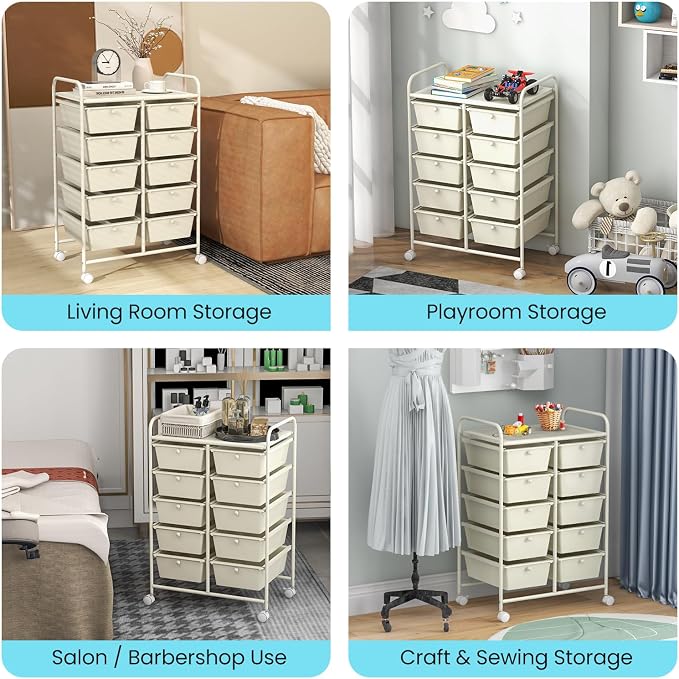Giantex 10 Drawers Rolling Cart, Classroom Organizers, Storage Cart with Wheels, for Teacher Office Home School Supplies Tool Craft Art Paper, Ivory Color