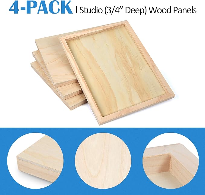 Falling in Art 4 Pack 11x14’’ Unfinished Birch Wood Panels Kit for Painting | Studio 3/4’’ Deep Wooden Canvas, Cradle Boards for Acrylic Pouring, Encaustic, Crafts, Epoxy Resin, Laser Engraving Cutting
