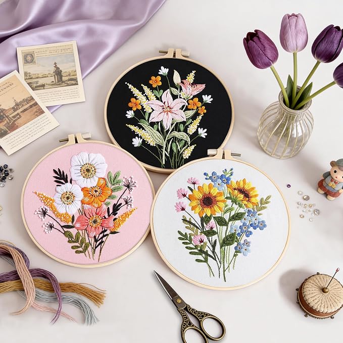 Uniartfy 3 Sets Embroidery Kit for Adults, Flower Pattern Embroidery Practice Kits for Beginners, Needlepoint Cross Stitch Kits Include Hoop, Colorful Threads, Tools, Easy to Learn Video & Instruction
