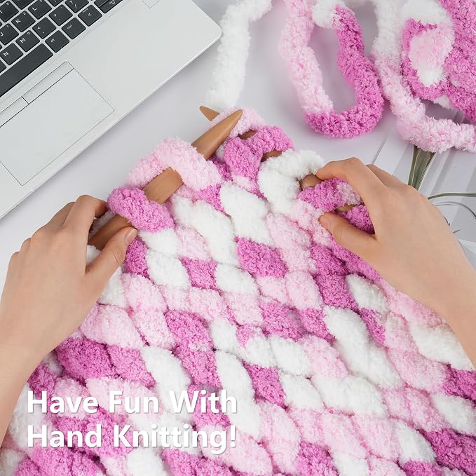 Cozyful Chunky Yarn for Hand Knitting - #10 Chunky Chenille Blanket Yarn, Jumbo Big Thick Chunky Yarns for Crocheting, Tie Dye Bulky Knit Yarns, 8 Skein (20 yds 8 oz Each Skein), White & Pink & Rose