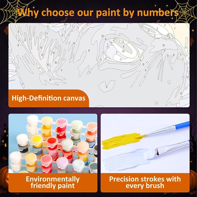 Mandun Halloween Paint by Numbers Kit for Adults, 3 Pack, 7.8x11.8 inch | DIY Painting Kits Crafts for Adults, Relieve Stress, Frame Canvas, Wooden Easel, Gift Box, Home Wall Decor