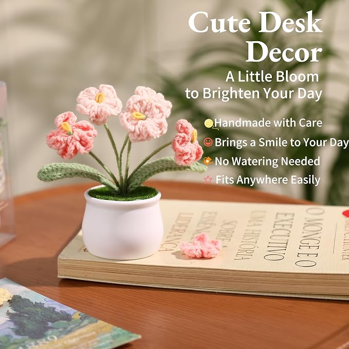 Forget-Me-Not Crochet Flower Potted Plant, Handmade Pink Flower Gift for Mom, Wife, Grandma, Mother’s Day Gift, Cute Desk Decor, Birthday Gift for Women Cute Desk Decor Floral Home Decoration