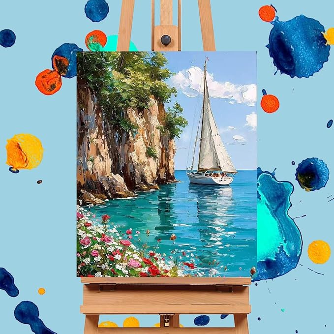 Mrnsiet Sailboat DIY Paint by Numbers for Adults, Coastal Sail Boat Paint by Number for Beginners, DIY Landscape Painting by Number Kits Oil Paint Drawing Canvas Home Decor 16x20 Inch