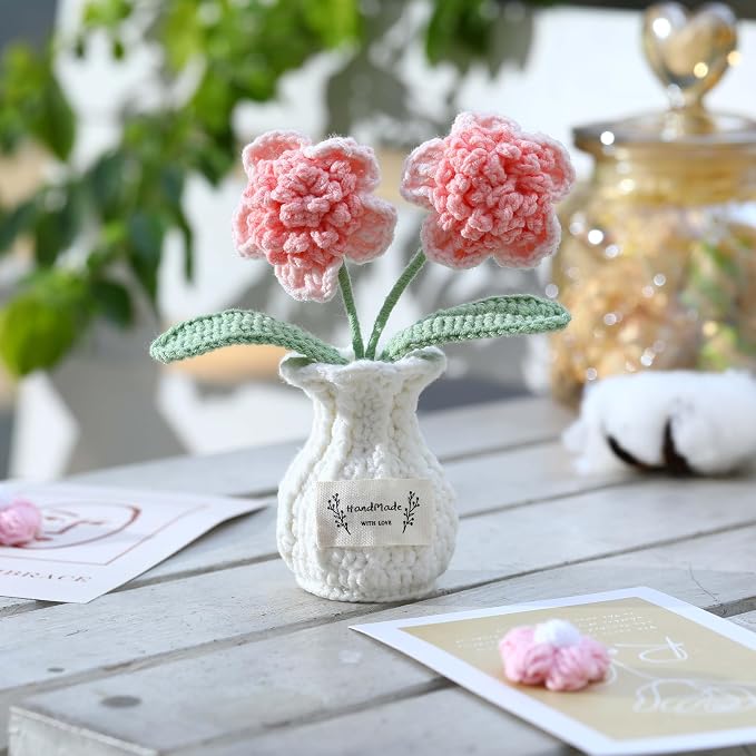 Crochet Paris Polyphylla Flower Pot Handmade Knitted Desk Decor Pink Potted Plant for Home Office