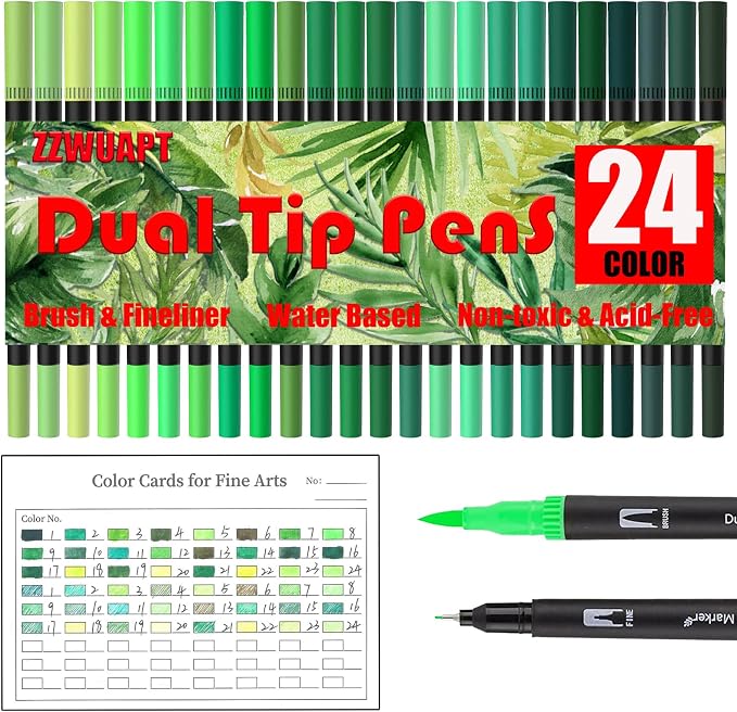 Green Double Tip Brush Pens Art Markers,24 Colored Artist Fine Brush Pen Coloring Markers for Adult Drawing Art Craft Kit