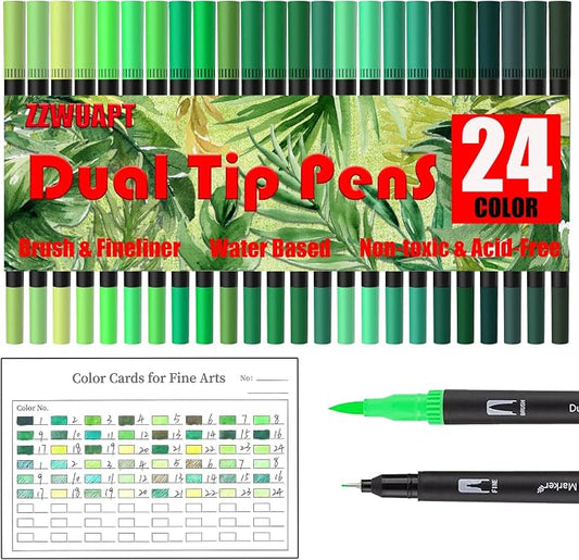Green Double Tip Brush Pens Art Markers,24 Colored Artist Fine Brush Pen Coloring Markers for Adult Drawing Art Craft Kit