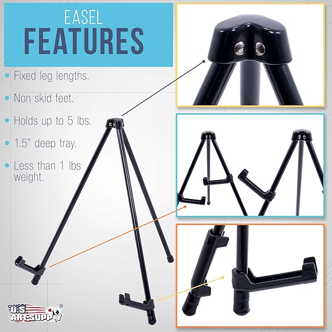 U.S. Art Supply 13.5" Black Metal Tabletop Easel Stand, Foldable