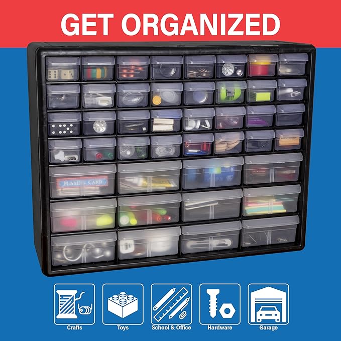 Akro-Mils 44-Drawer Plastic Storage Cabinet, 20"W x 6"D x 16"H, Black | Plastic Cabinet w/ Drawers for Garage Organization, Beads, Building Bricks Storage, Teacher Toolbox, Makeup Organizer, 10144